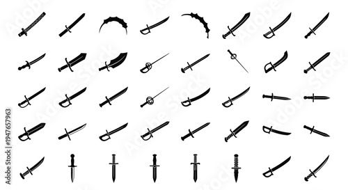 Collection of ancient swords and blades, weapon icons, historical combat