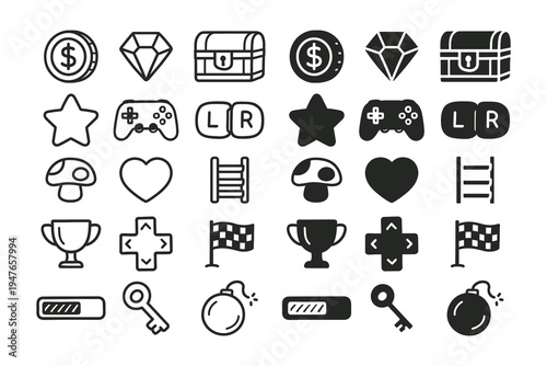 Set of game interface icons in a clean flat minimal style, including coin, gem, chest, controller, heart, trophy, key, and bomb symbols for mobile games, arcade apps, player HUDs, menus, and UI assets