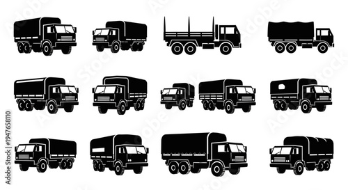 Collection of Black Silhouette Trucks, Various Types, Vector Icons
