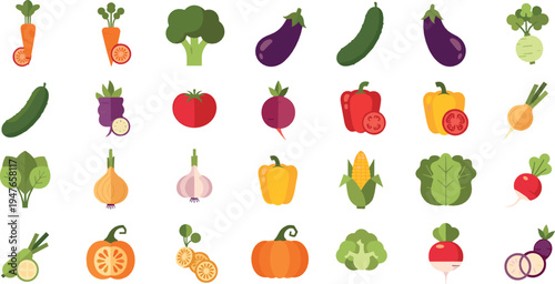 Fresh vegetable icon set vector illustration featuring carrot, tomato, eggplant, cucumber, pumpkin, corn, onion and healthy organic farm produce collection