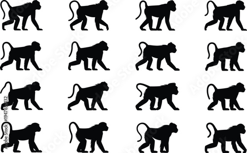Grid of Baboon Silhouettes in Profile View Walking on a White Background vector illustration