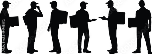 Delivery courier silhouette collection with parcel boxes in different poses, logistics worker standing walking and talking isolated on white background vector set