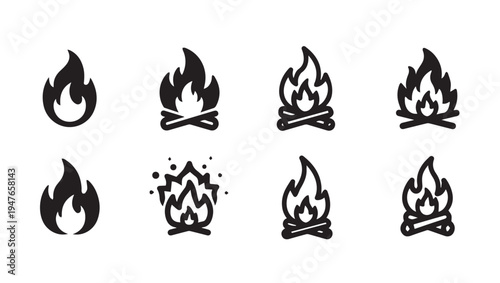 Set of stylized fire icons representing campfires and flames on a white background stock illustration
