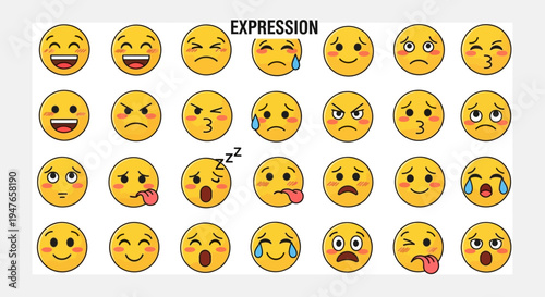 Collection of Diverse Emoji Faces Expressing Various Emotions and Feelings