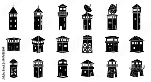 Collection of Guard Towers Silhouettes - Security and Surveillance Structures