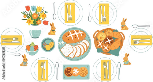 A beautifully set table with Easter-themed decorations and food