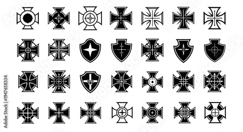 Collection of Iron Cross and Shield Symbols, Military Badges Vector Icons