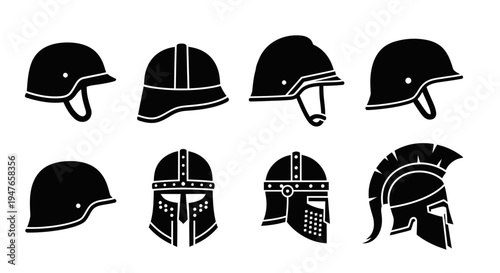 Collection of Medieval and Modern Helmets Silhouette Icons