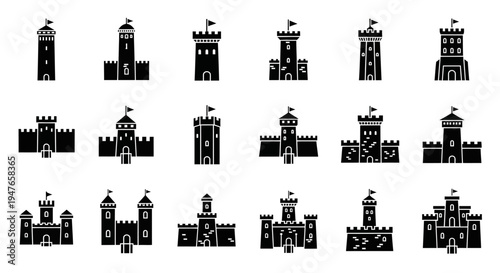 Collection of Medieval Castle Icons, Fortress Silhouettes, Tower Symbols