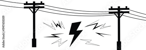 Electric Power Lines with Lightning Bolt Symbol Vector Illustration, High Voltage Electricity Transmission Poles Energy Danger Warning Concept Isolated