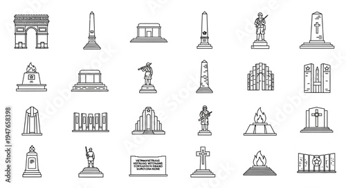 Collection of Monument Icons: War Memorials, Obelisks, Arches, and Statues