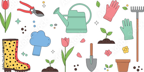 Gardening tools and spring garden elements vector set with watering can, gloves, rake, shovel, boots, plants, flowers and soil cartoon illustration