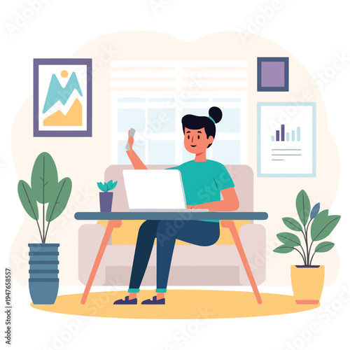 A young woman happily works remotely on her laptop waving during a video call