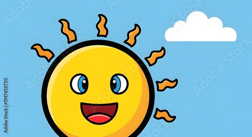 Happy Cartoon Sun with Smiling Face and Rays, Blue Sky with Cloud