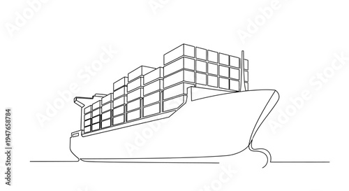 Container Ship Illustration - Outline Drawing of Cargo Vessel at Sea