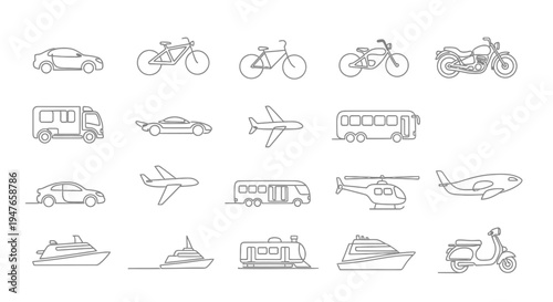 Continuous Line Art: Diverse Transportation Icons Set - Cars, Bikes, Planes, Boats, Buses