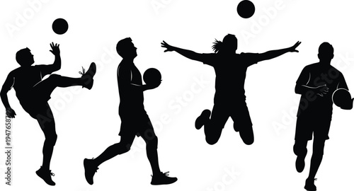 Silhouette of four men playing american football