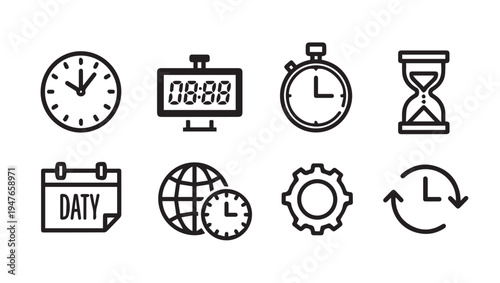 Time Icons Set: Clock Calendar Stopwatch Hourglass Globe Gear Cycle