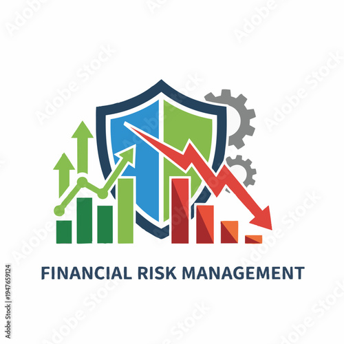 Financial risk management icon with a protective shield, gears, and charts showing both market growth and potential economic decline for business security and stability