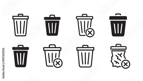 Trash Can Icons Set with Delete and Remove Symbols Vector Graphics
