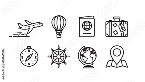 Travel Icons Collection: Airplane Hot Air Balloon Passport Suitcase Compass Ship Wheel Globe Map