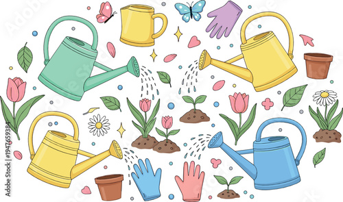 Gardening watering cans and spring flowers collection with plants, gloves and garden tools colorful nature illustration set