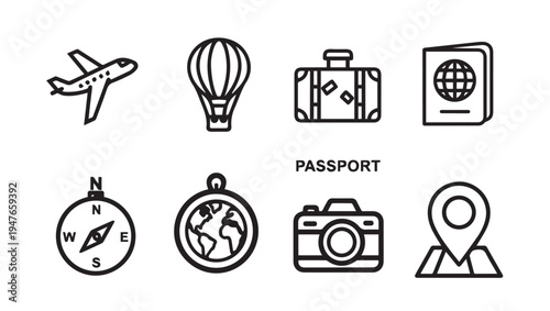 Travel Icons Collection: Airplane Hot Air Balloon Suitcase Passport Compass Globe Camera Map Pin