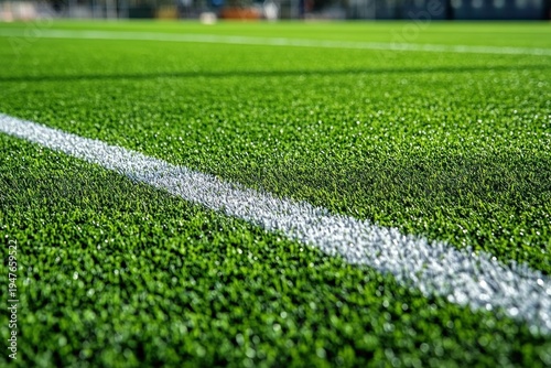 Close-up of bright green artificial turf with a white boundary line on a sports field, crisp textured blades and an inviting ready-for-play atmosphere