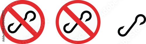 No hooks prohibition sign with double hook symbol set, safety restriction icon collection isolated vector illustration design