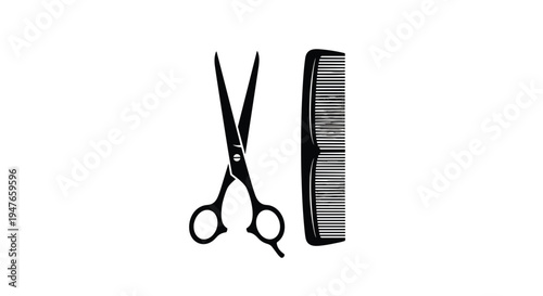 Black silhouette of professional hair cutting scissors and a comb on a white background for salon and barber services.