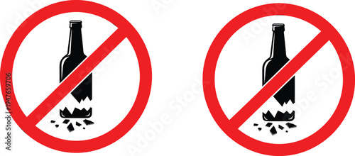 No broken glass bottle prohibition sign with red circle warning symbol, fragile safety restriction vector illustration design