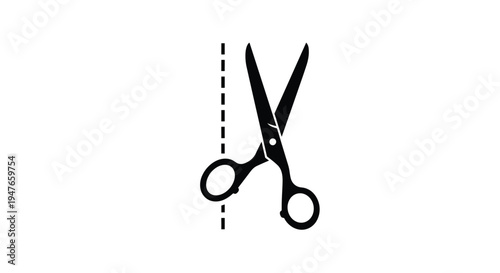 Black silhouette of scissors cutting along a vertical dashed line suggesting a specific place to cut or separate paper.