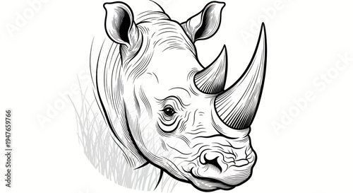 Captivating line art depiction of a majestic rhinoceros head with a prominent horn, emphasizing its strength and wild beauty in a hand-drawn vector style