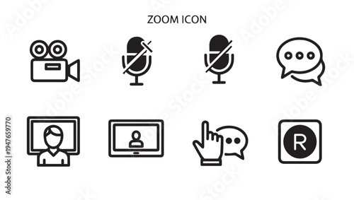 Video Call Icons Set: Camera Muted Microphones Chat Screen Share Hand Raise Record