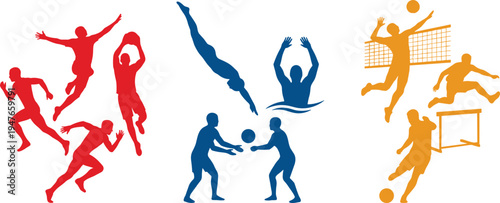 Sports athletes silhouette collection, running basketball volleyball soccer diving athletics action poses, colorful active players vector illustration set isolated