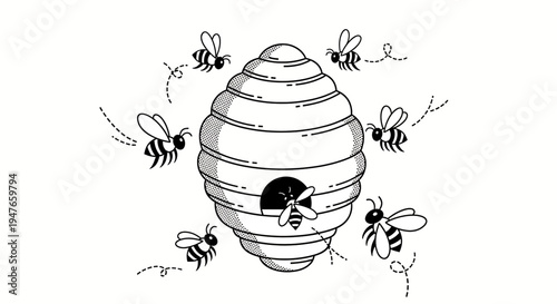 Charming black and white illustration of active honey bees diligently flying around their intricately designed beehive, symbolizing industry and community in nature's ecosystem