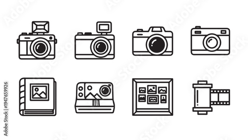 Vintage Camera Icons Collection Film Roll Photo Album Picture FrameLine Art
