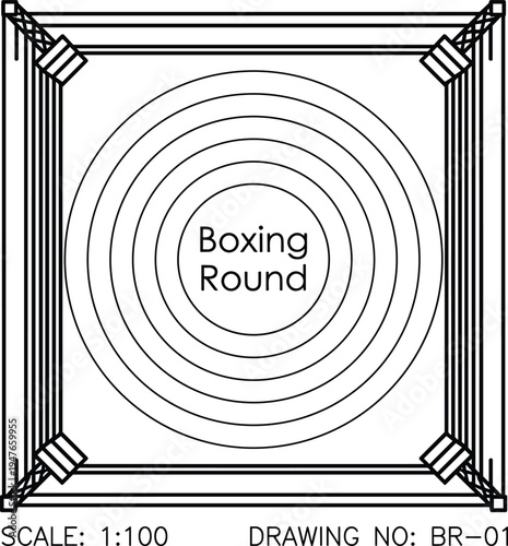 Boxing ring technical drawing blueprint, sports arena layout diagram with ropes and center round target, boxing competition vector illustrationBoxing ring technical drawing blueprint, sports arena lay