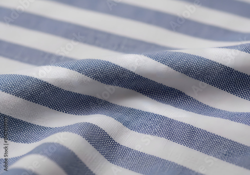 Detailed macro shot of blue and white seersucker fabric, showing fine stripes and textured weave, isolated on transparent background for design.