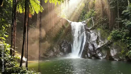 Sunbeams illuminating a tropical waterfall in a lush jungle paradise