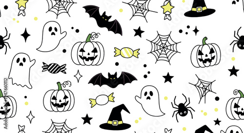 Halloween Doodle Vector Pattern Set with Ghost Pumpkin Bat Spider Web Witch Hat Candy Spooky Holiday Illustration Collection