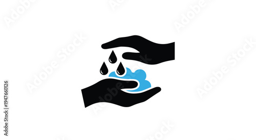 Black hands silhouette washing with blue soap bubbles and water droplets represents hygiene and cleanliness on a plain white background.