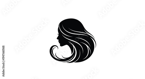 Elegant profile silhouette of a woman with long flowing hair captured in a minimalist black and white graphic design for beauty and salon.