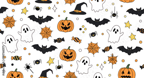 Halloween Seamless Pattern Vector with Ghost Pumpkin Bat Spider Web Witch Hat Candy Spooky Holiday Illustration Background