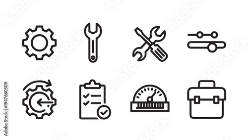 Set of icons representing tools gears checklist gauge and toolbox on white background