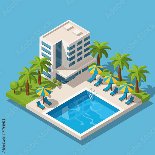 Isometric illustration of a modern hotel building with a swimming pool and palm trees.