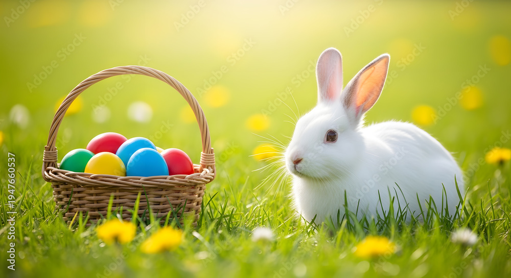 Fototapeta premium Easter Bunny with Basket in Spring Meadow