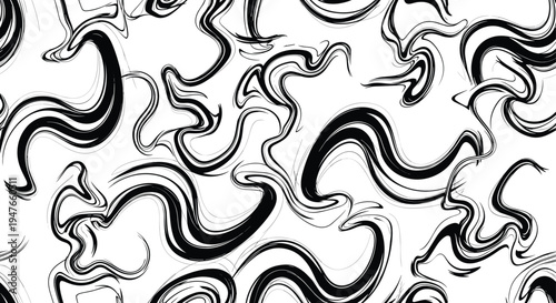 Seamless pattern of bold black brushstroke swirls and wavy lines creates a dynamic and artistic marbled effect on a white background.