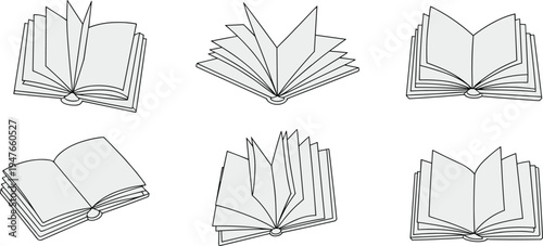 Open book sketch icon set with turning pages, education and reading concept line art textbook illustrations for school learning design