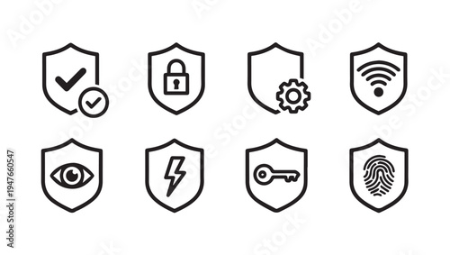 Set of Security and Safety Icons on Shields: Lock Wi-Fi Eye Key Fingerprint Checkmark Gear Lightning Bolt